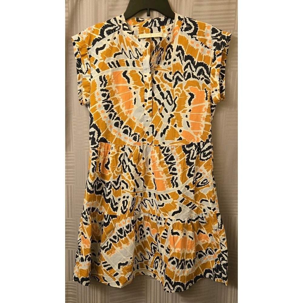 Marie Oliver Women Orange Geometric Short Sleeve Maxi Dress Tie Waist Size XS